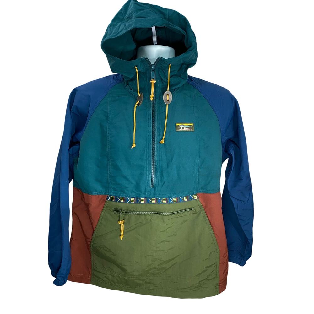 L.L.Bean Colorblock Pullover Jacket Small Petite Blue Green Rust Drawstring Hood